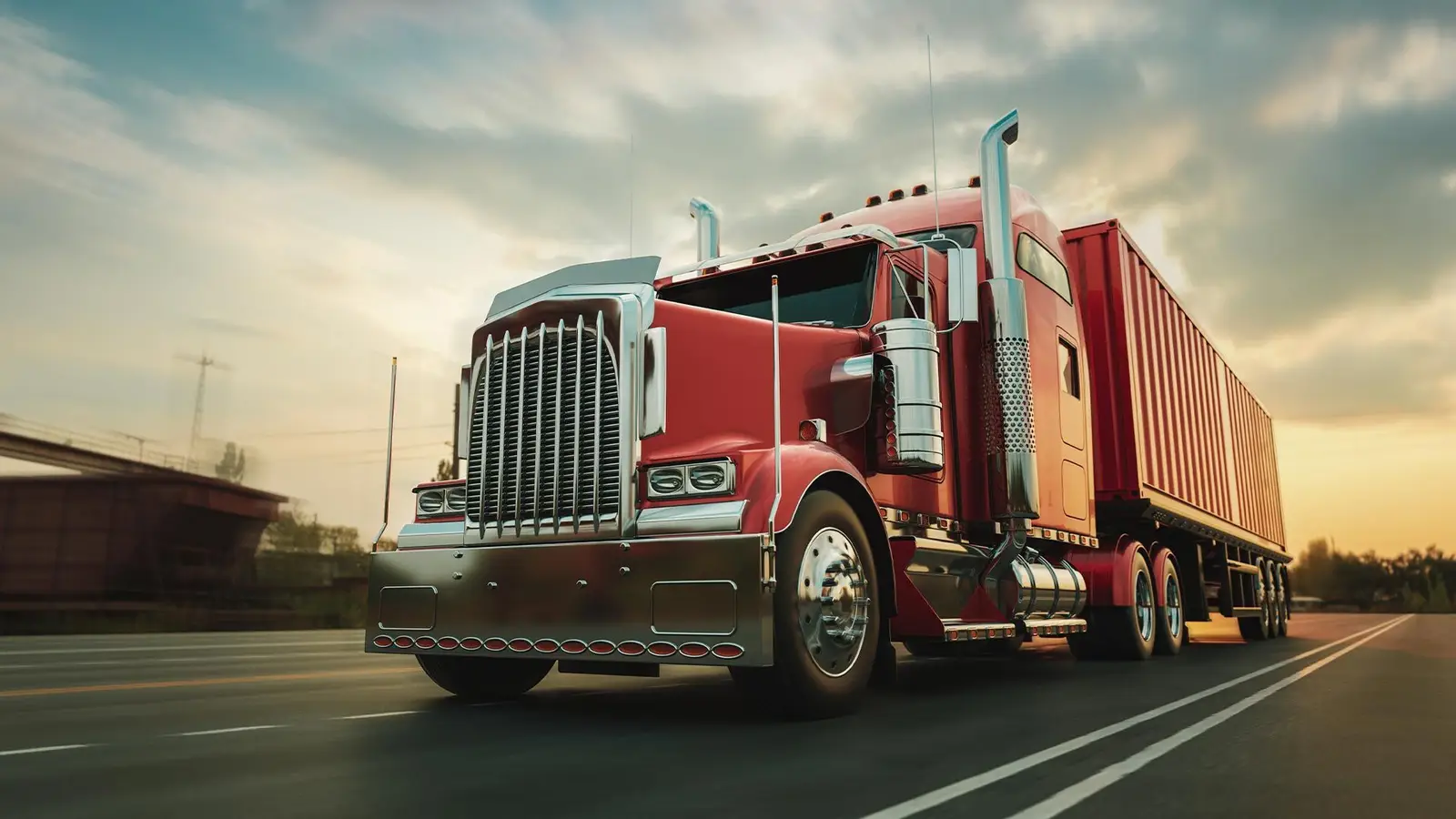 Red long-haul semi-truck hauling a container down a highway at sunset