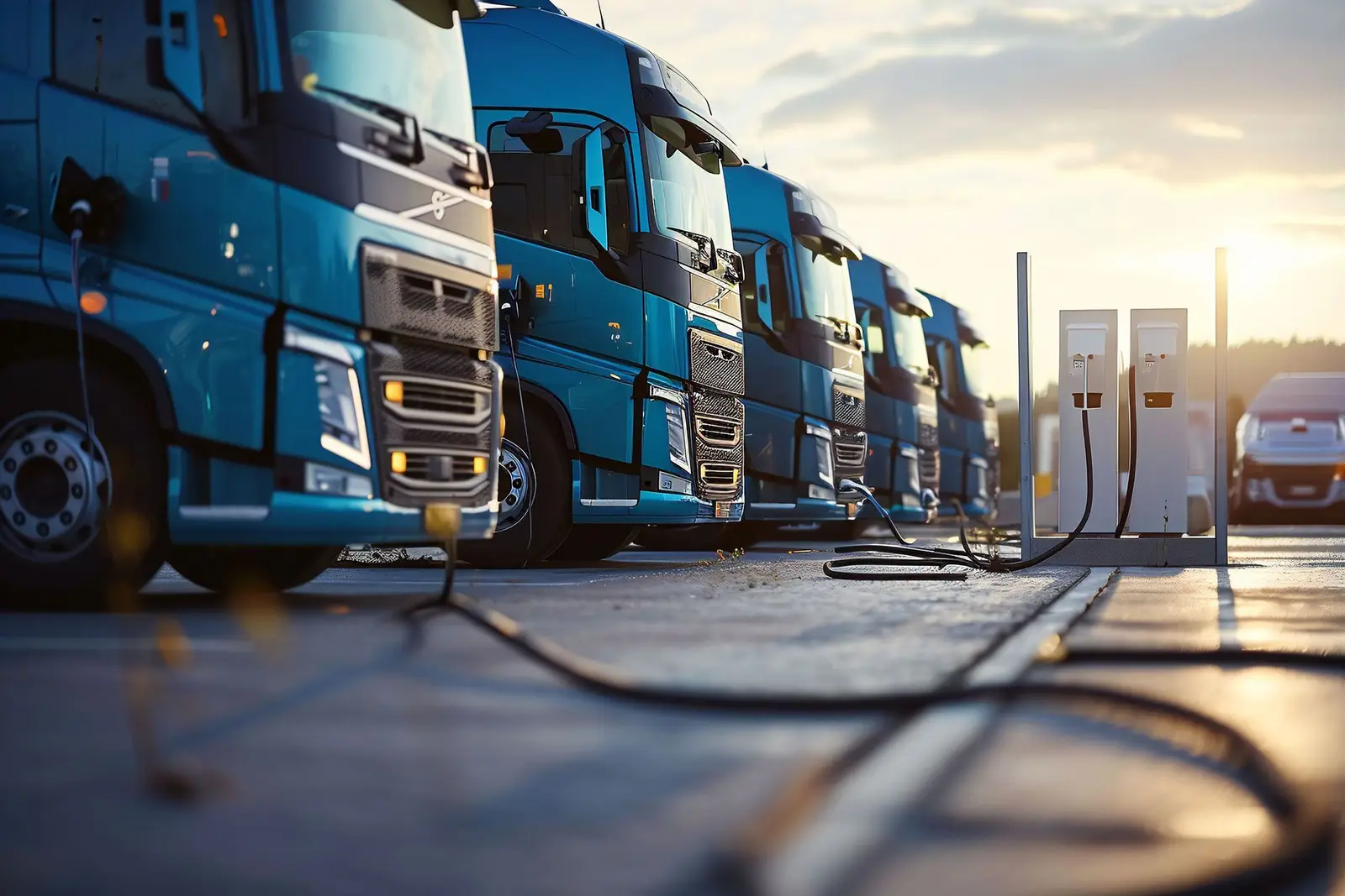 Line of blue commercial trucks plugged in at a truck charging station at sunset