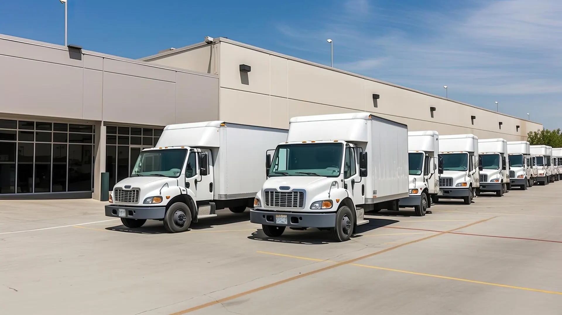 Row of white box trucks parked along a warehouse loading dock