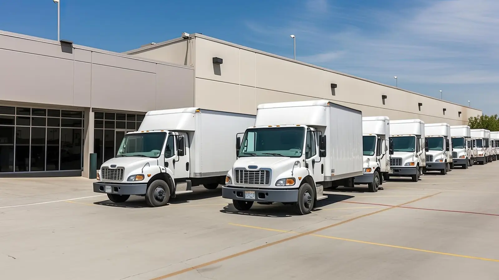 Row of white box trucks parked along a warehouse loading dock